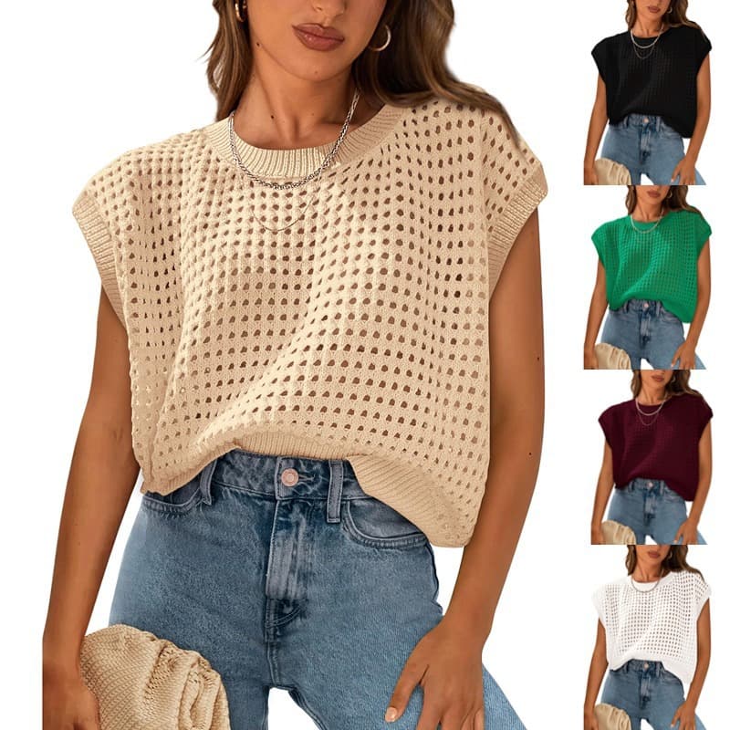 Women's Spring Top 2025 Summer Blouse Crochet Cap Sleeve Sweater Pullover Cute Round Neck Beach Cover Up