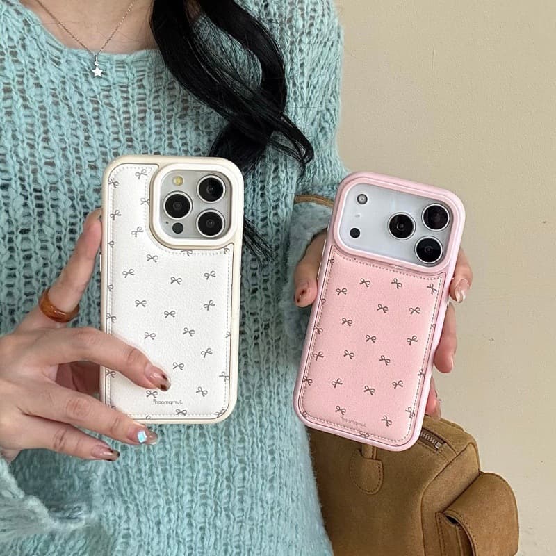 Apple 17 Pro Max Leather Covered 13/14 Full Screen Bow iPhone 15/16 Pro Phone Case, Full Coverage