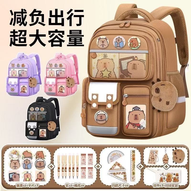 Grade 1 Elementary School Boy Backpack, Ages 3-6, Spine Protection, Lightweight, Large Capacity, Capybara, Boys, Kids School Bag