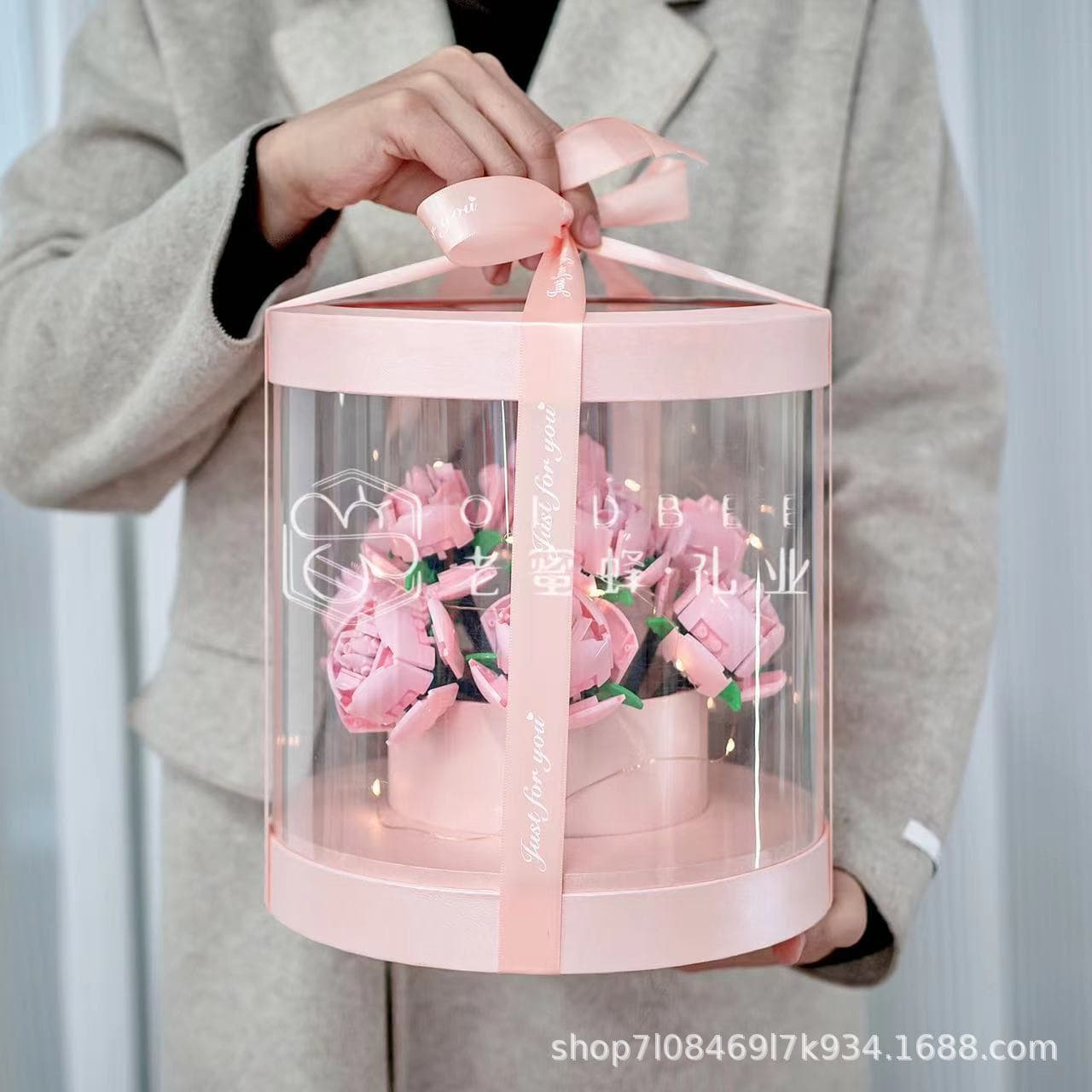 Transparent Trendy Round Bucket Gift Box for Valentine's Day Flower Packaging, TikTok Rose Box, Building Block Flower Display Box
