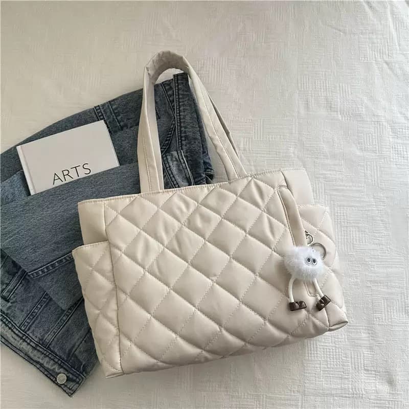 Autumn Winter Casual Large Capacity Tote Bag for Women Padded Cotton Bag Trendy Fashion Diamond Quilted Canvas Bag Daily Commute Shoulder Bag