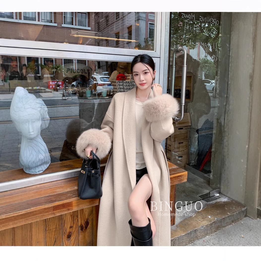 Luxurious Wool Double-Faced Coat for Women, Autumn/Winter, Detachable Real Fox Fur, Belted Double-Faced Woolen Coat, Premium