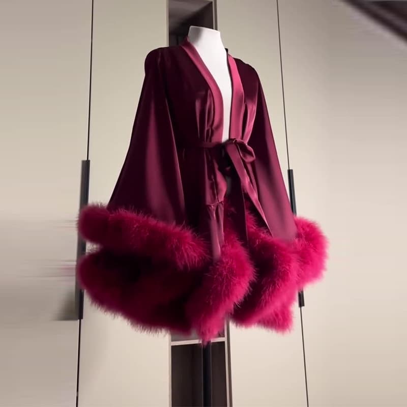 2025 Autumn New European and American Amazon Cross-border Trade Women's Red Feather Elegant Light Luxury Lace-up Coat