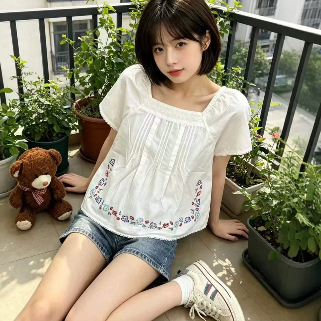 French embroidered square collar short-sleeved shirt 2026 summer women's new lace slimming top