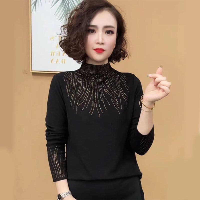 New Fall/Winter Fashion Half High Collar Solid Color Rhinestone Thermal Top Plus Size Tummy Control Youthful Stylish Blouse for Moms