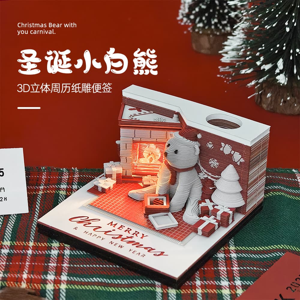 2026 Christmas Gift 3D Calendar Paper Sculpture Sticky Notes Creative Little White Bear Tear-off Memo Pad