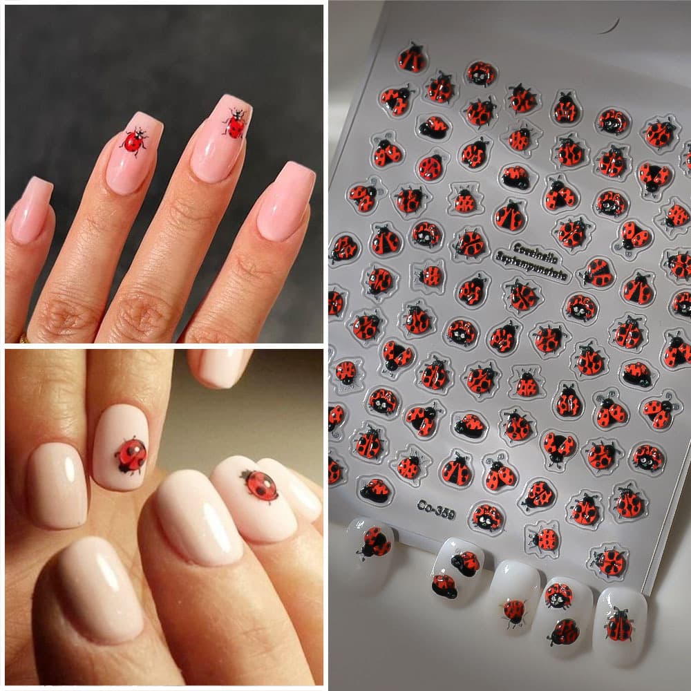 3D Nail Art Cute Ladybug Nail Stickers 5D Embossed Painted Insect Stickers iPad Phone Stickers Self-Adhesive