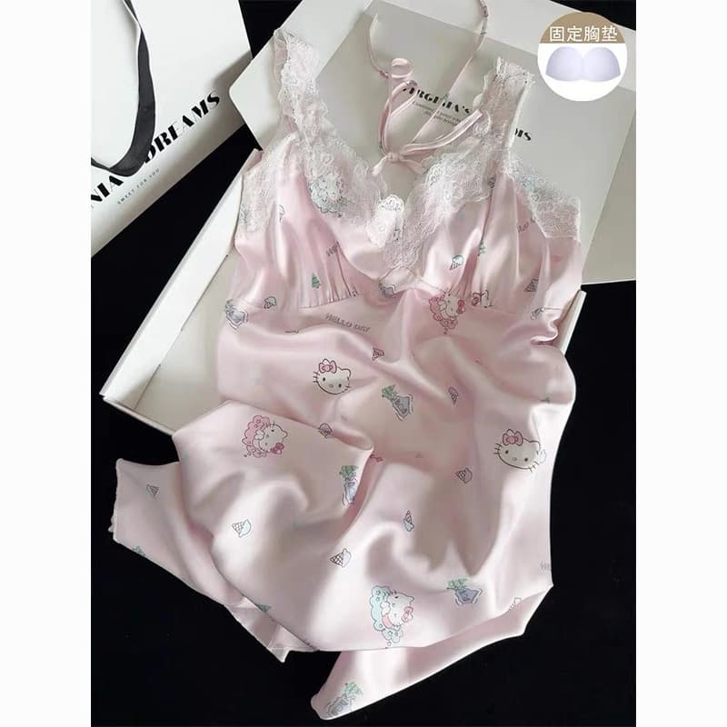 French Pink Hello Kitty Pajamas for Women Summer Lace Trim Camisole Dress Pure Desire Style Homewear Sleep Dress