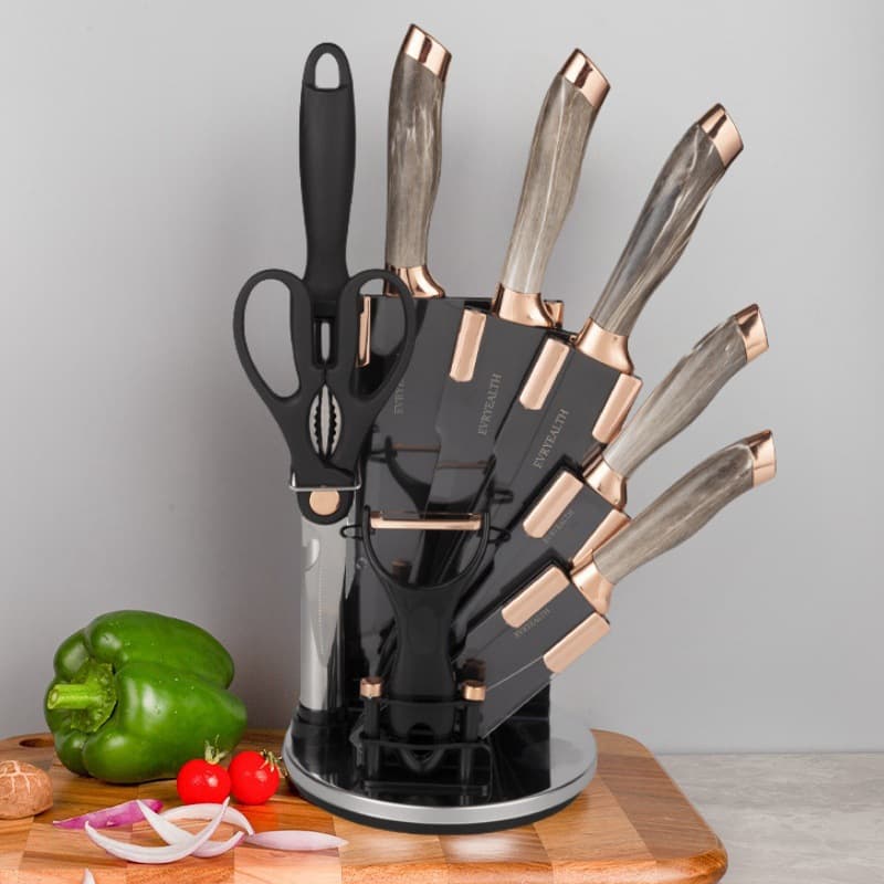 Stainless Steel Rotating Knife Stand Kitchen Knife Set 9-Piece Double Plating Headband Knife Holder Marble Pattern Handle