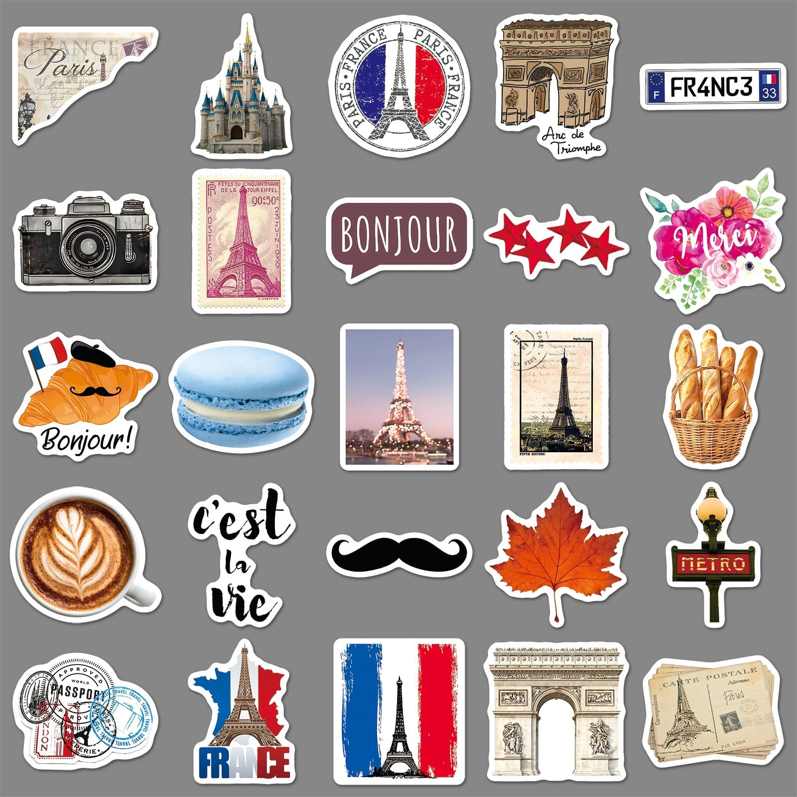 50pcs France Travel Diary Stickers Landmark Architecture Eiffel Tower Milk Tea Cup Stationery Decorative Stickers