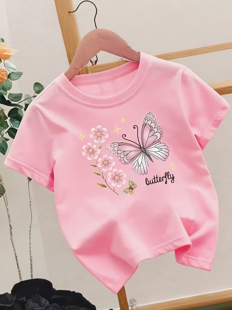 2026 New Butterfly Print Kids Clothing Summer Cotton Breathable Children's Top for Older Kids