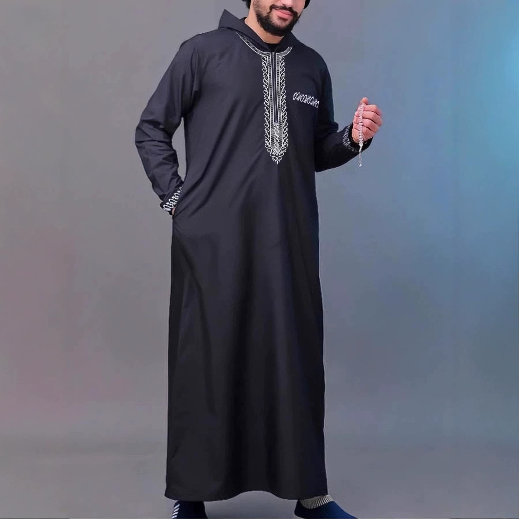 2025 Men's Summer Traditional Ethnic Clothing Men's Loose Hooded African Long Shirt Big Robe Zipper