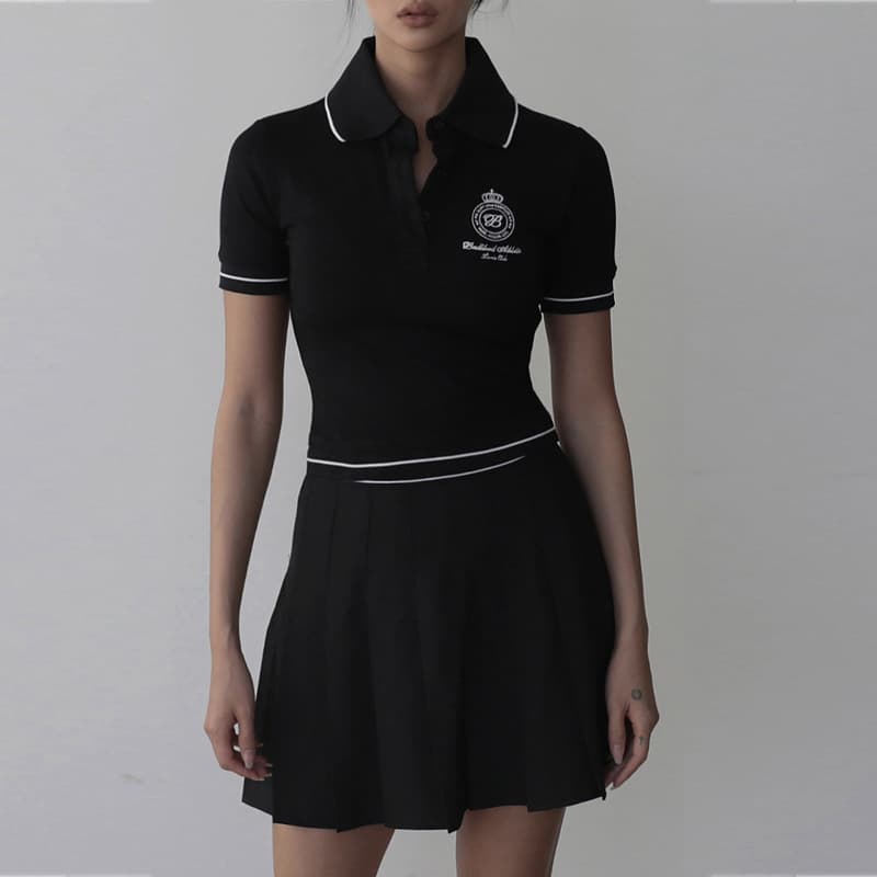 2023 Badblood Black Fashionable High-Waist A-Line Pleated Skirt Short Skirt Polo Short Sleeve