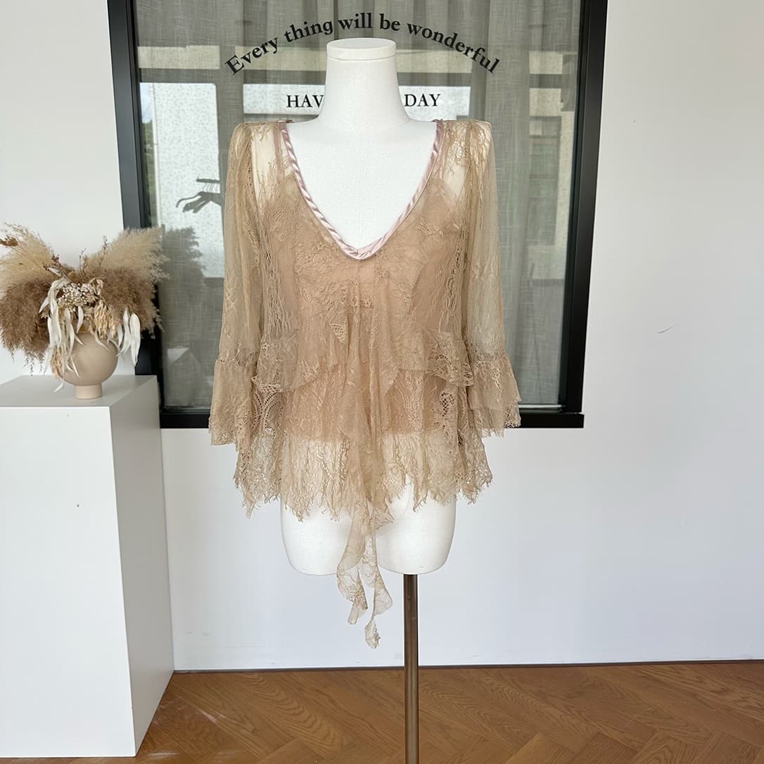 Women's Summer V-Neck Hollow Embroidery Lace Chiffon Shirt with Flared Sleeves and Camisole Two-Piece Set