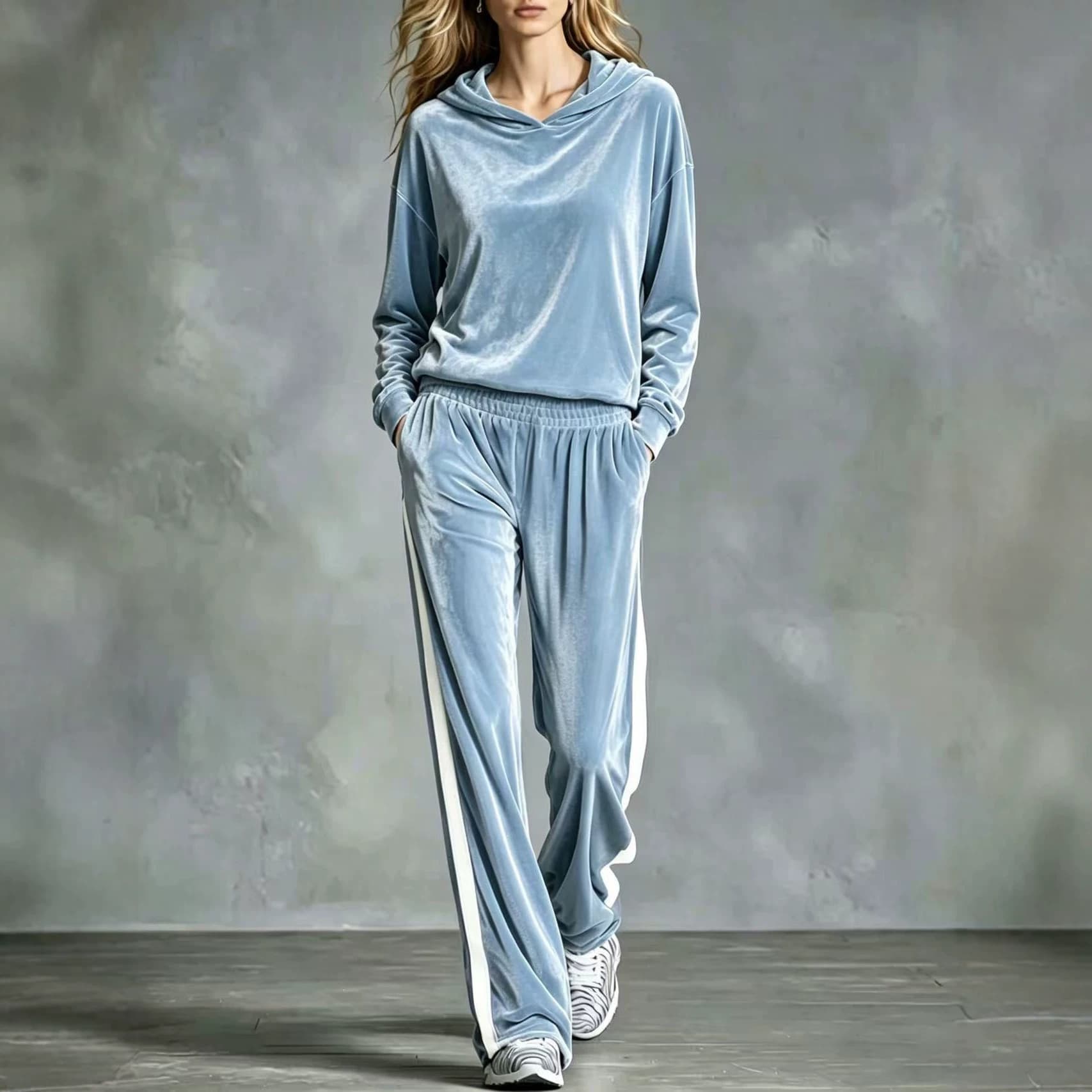2026 Velvet Hooded Sport Suit Long-Sleeve Top with Side Contrast Color, Elastic Waist Wide-Leg Pants, Casual Two-Piece Set