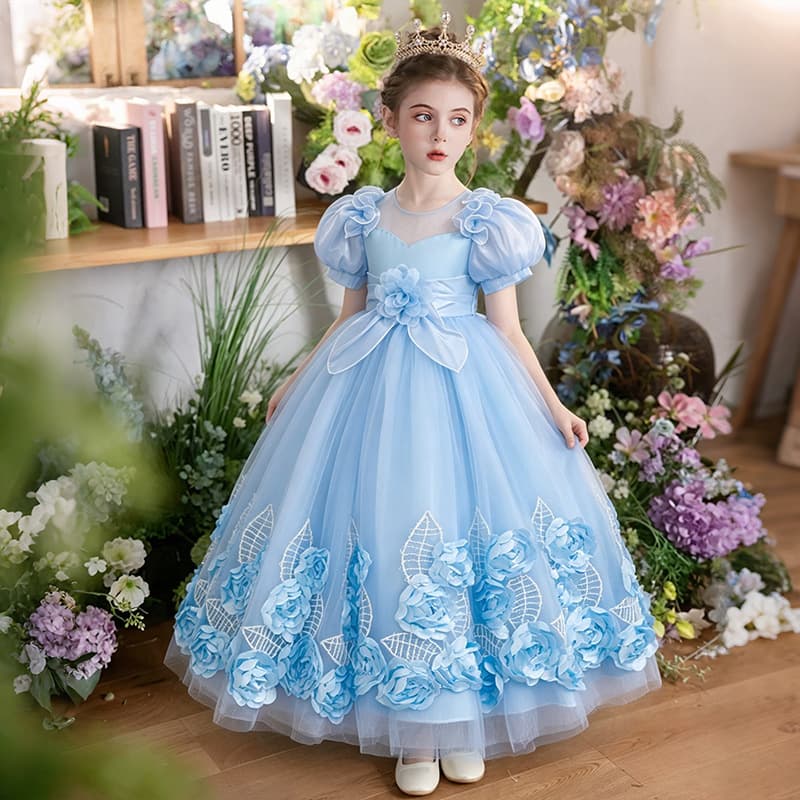 Source factory wholesale girls summer new puff sleeve princess dress for big children flower party performance dress