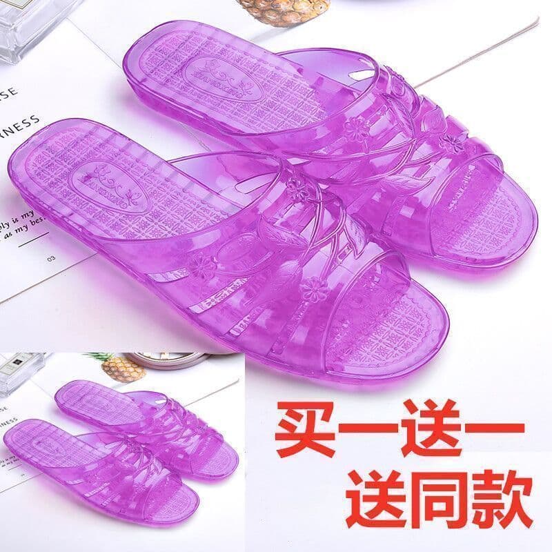 Buy One Get One Free Household Bathroom Wear-Resistant Retro Soft Sole Non-Slip Summer Classic Plastic Flat Jelly Crystal Slippers for Women