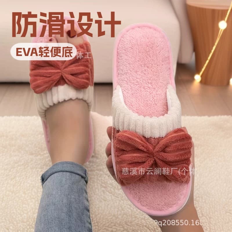 Factory Direct Cross-Border Hot-Selling Dropshipping Four-Season Home Slippers Butterfly Knot Men's and Women's Fluffy Slippers Wholesale