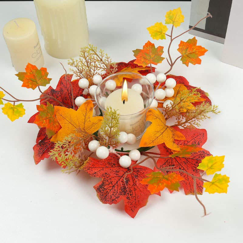 Cross-border Best-selling Artificial Flower Wreath Table Decoration Halloween Berry Pumpkin Candlestick Harvest Maple Leaf Wreath Autumn Festival