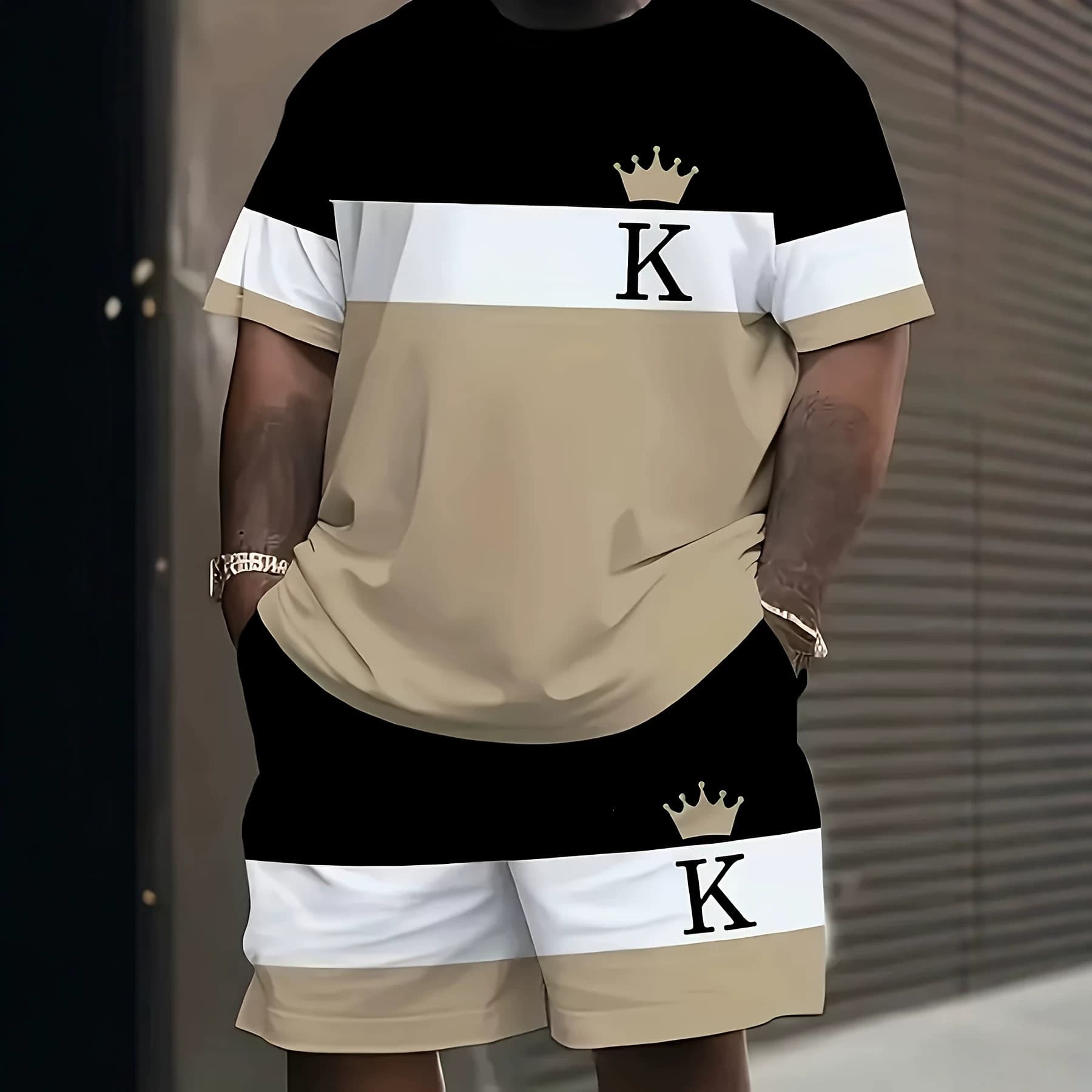 Cross-Border Bestseller Black Khaki Contrast Color Men's Two-Piece Set Loose Sportswear T-Shirt + Shorts Set