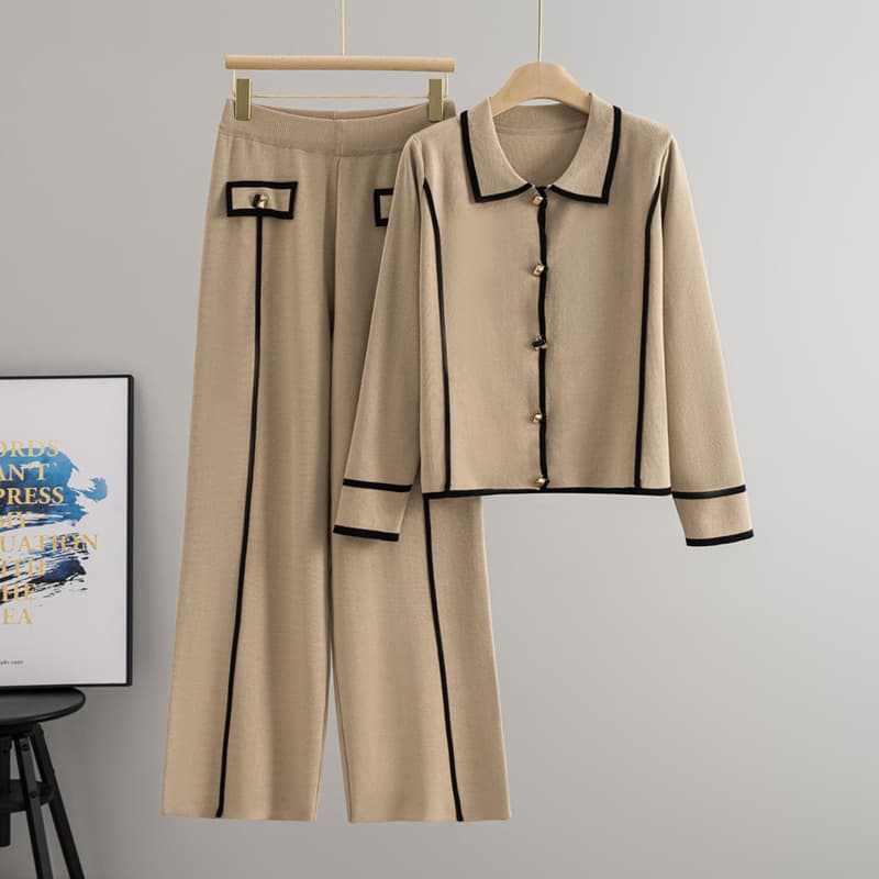 High-End Fashionable Knit Two-Piece Set for Women with Turn-Down Collar, Cardigan and Wide-Leg Pants, Spring/Fall