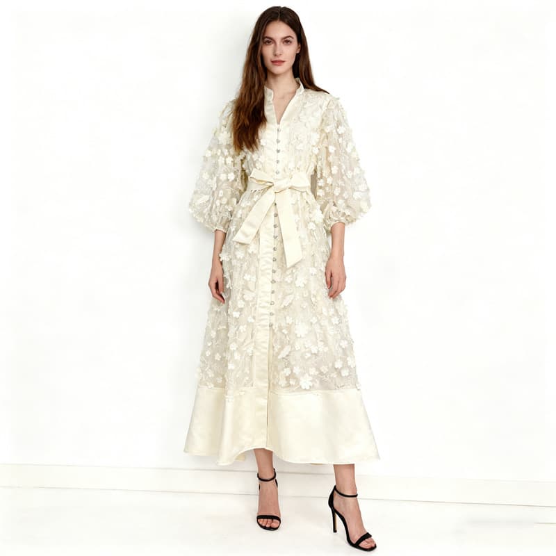 European and American Cross-Border Heavy-Duty 3D Applique Vintage Court Style Lantern Sleeve Flared Loose Tie-Waist Long Dress Gown