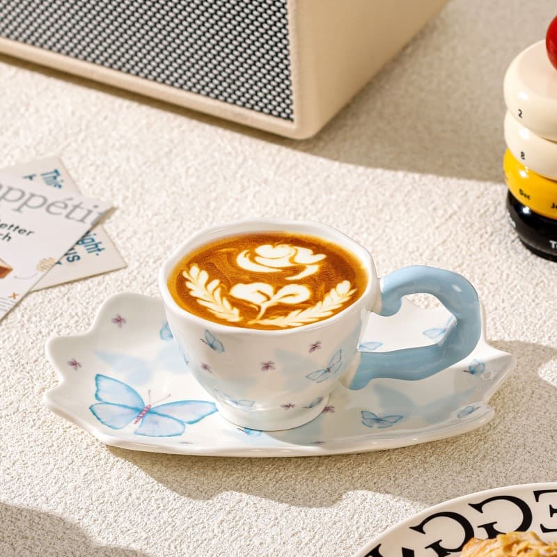 Korean Ins-style Hand-painted Pinch-textured Ceramic Cup and Saucer Set, High-end Coffee Cup Set, Gift Cup