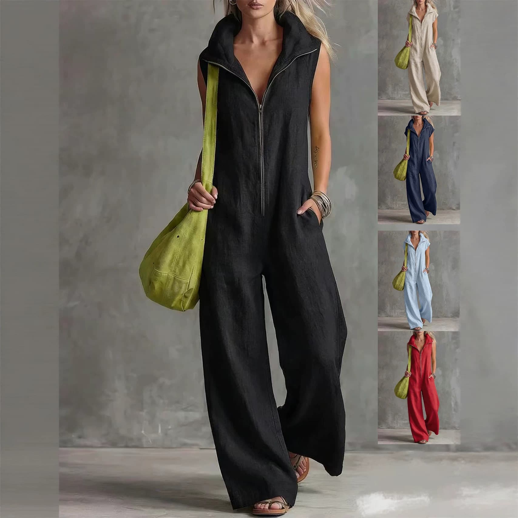 European and American New Jumpsuit, Loose Pockets, Foreign Trade Casual Cross-Border Women's 2026 Summer Linen-Like