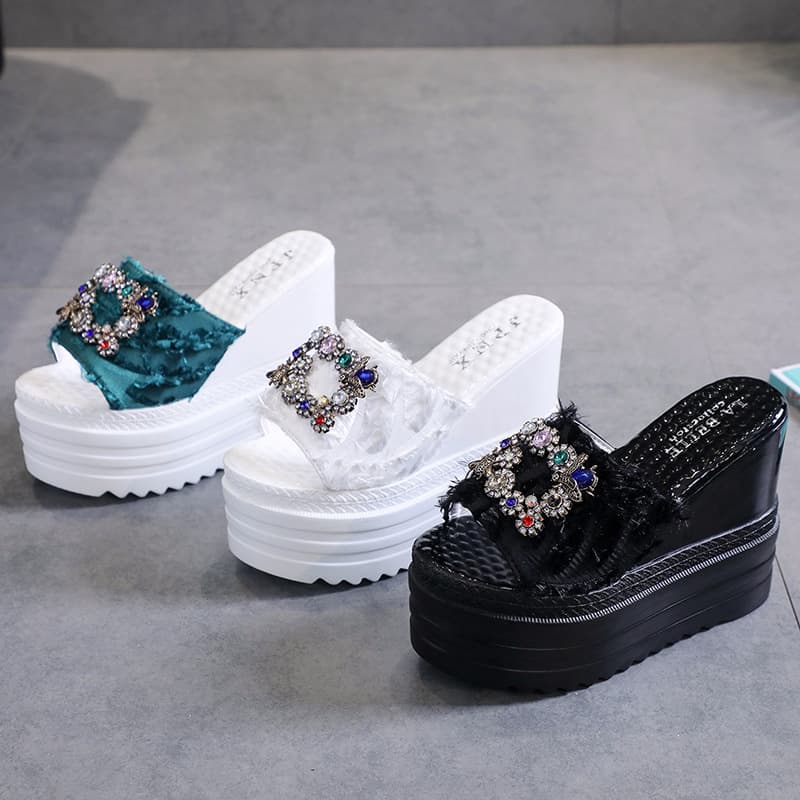 Women's Ultra High Heel Platform Sandals 2023 Summer Fashion Rhinestone Fabric Fish Mouth Wedge Thick Sole Slide Slippers