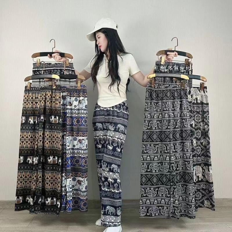 Thai Elephant Ethnic Style Versatile Casual Loose Drapey Lightweight Chic Women's Summer Ice Silk Cropped Pants