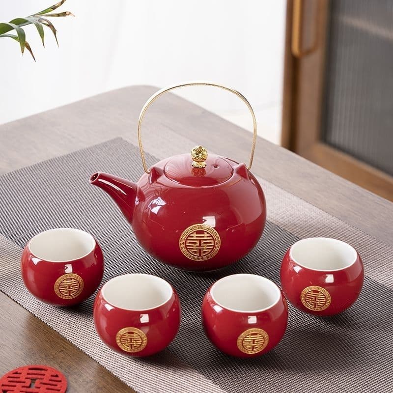 Complete Ceramic Tea Set for Newlyweds' Toasting Ritual, Includes Pair of Cups and Teapot as Wedding Gift
