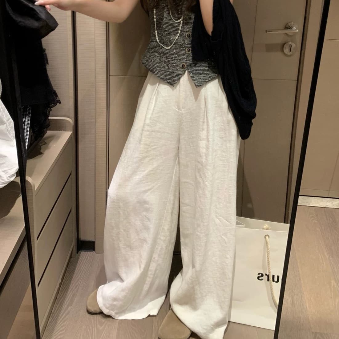 Lazy Old Money Style White Linen Wide-Leg Pants for Women Summer High-Waist Loose Slimming Flowy Straight-Leg Floor-Length Trousers
