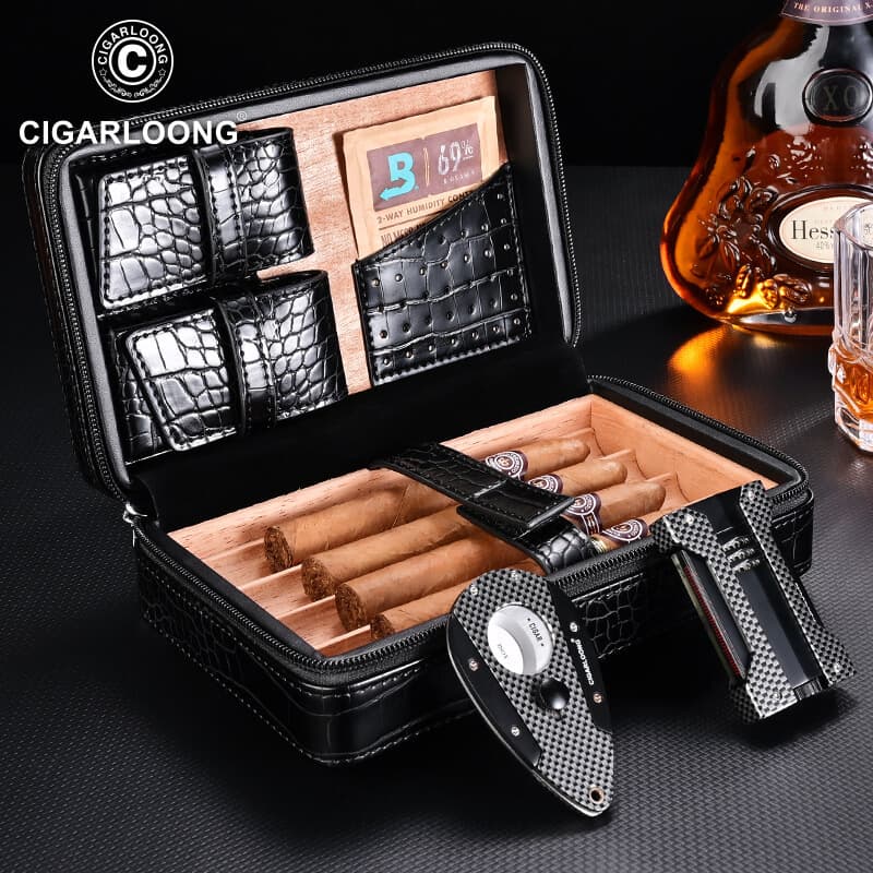CIGARLOONG Cigar Humidor Moisturizing Portable Cigar Humidor Cow Leather Multifunctional Humidor Set