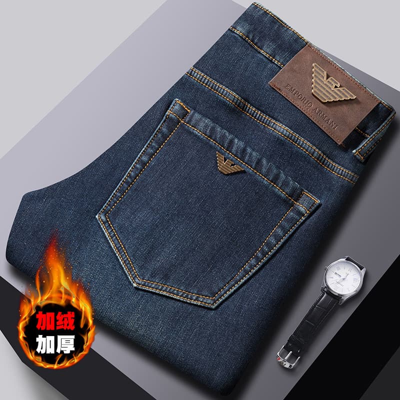 Branded fleece-lined men's jeans, winter warm slim-fit straight leg trousers, thickened men's brand long trousers.