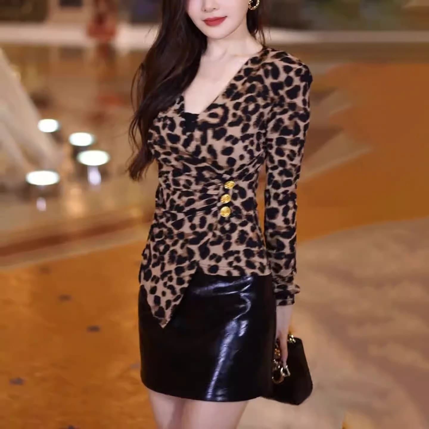 [40 count cool silk cotton] leopard print long-sleeved T-shirt V-neck bottoming shirt long-sleeved leopard print regular bottoming shirt
