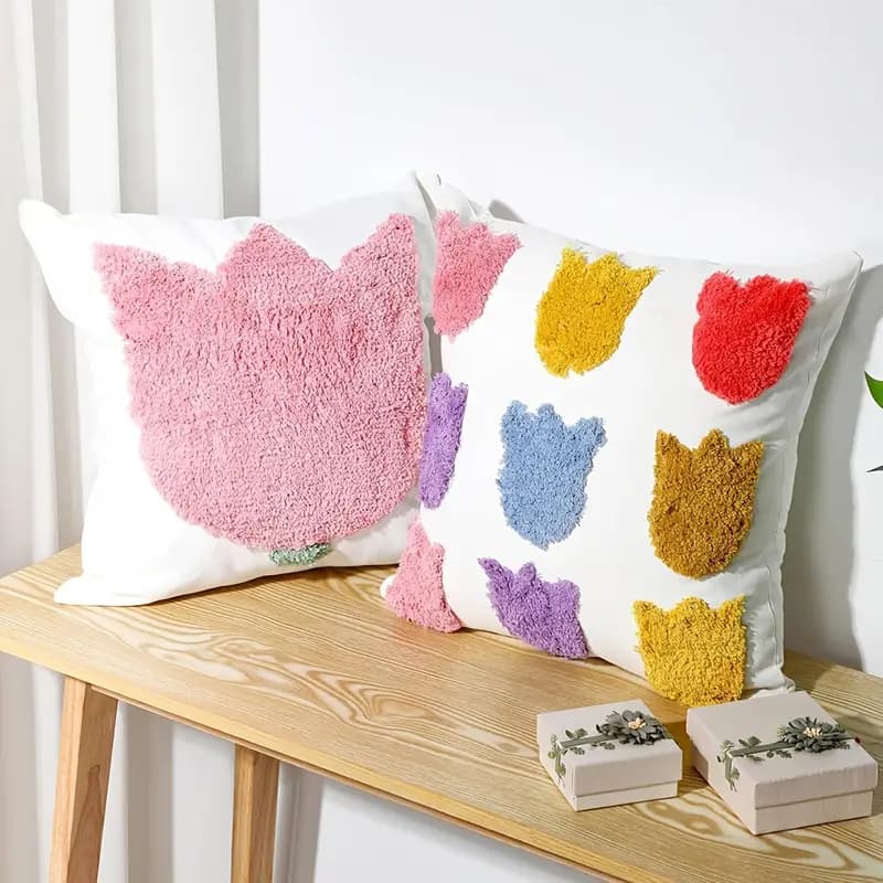 Spring tufted embroidered pillowcase with tulip pattern, cute Nordic style throw pillows and cushions for sofas and living rooms.