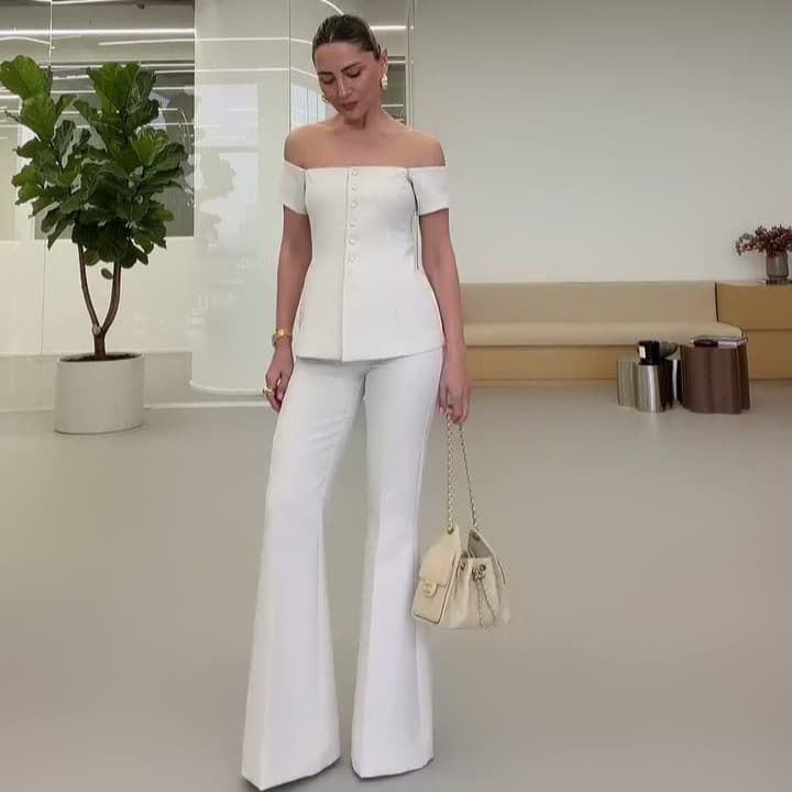 European and American foreign trade women's clothing Amazon cross-border spring and autumn one-shoulder waist slimming white top wide-leg trousers suit