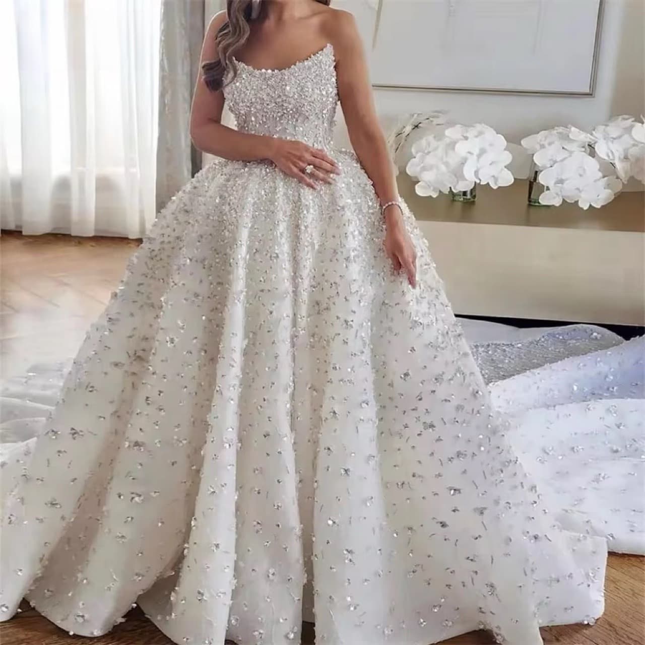 Wedding Dresses Strapless Sweetheart Mermaid Train Heavy Beaded Rhinestone Cross-border Hot Selling High Waist Wedding Gown