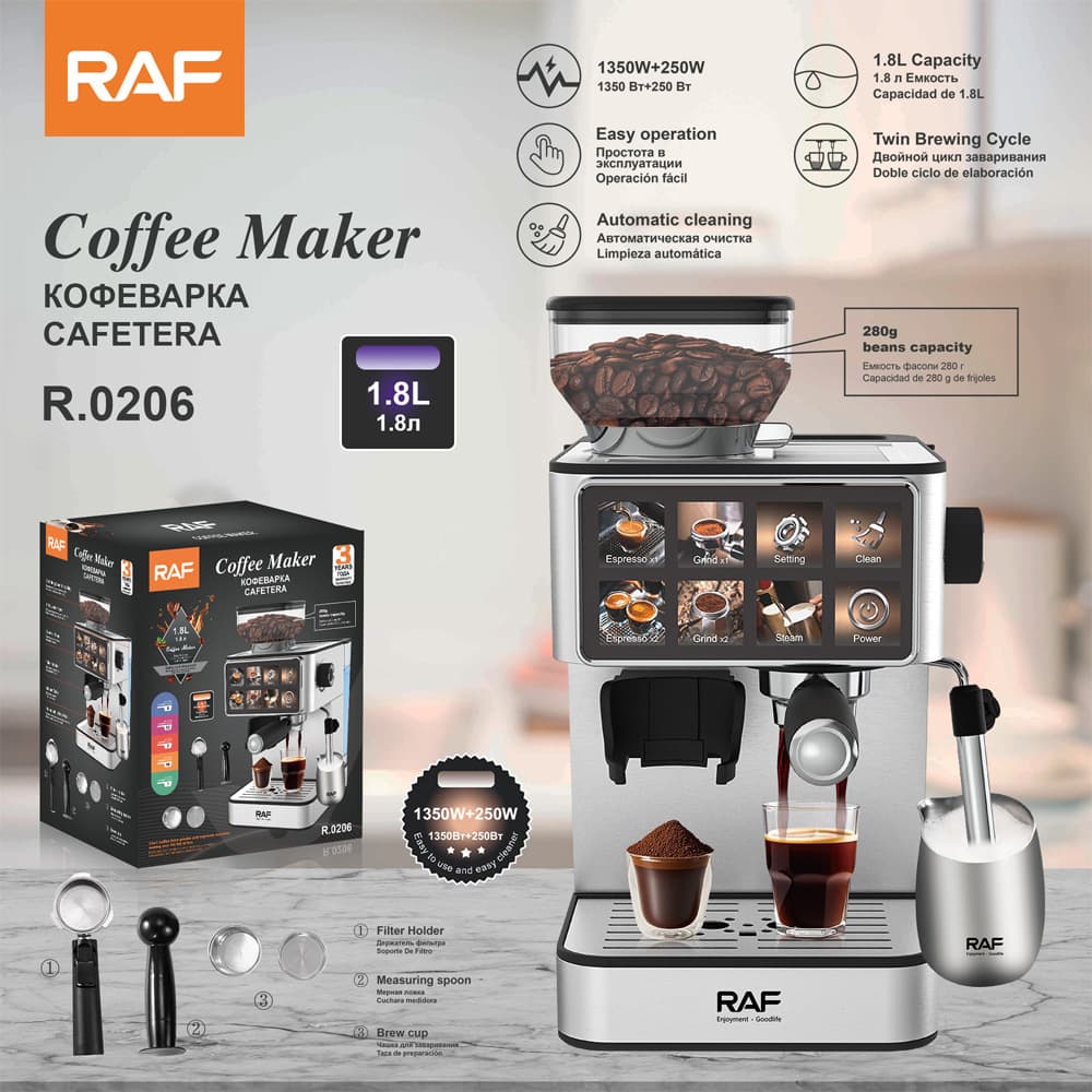 RAF European Standard Cross-Border Touchscreen Italian Espresso Pump Pressure Coffee Machine with Grinder 3-in-1