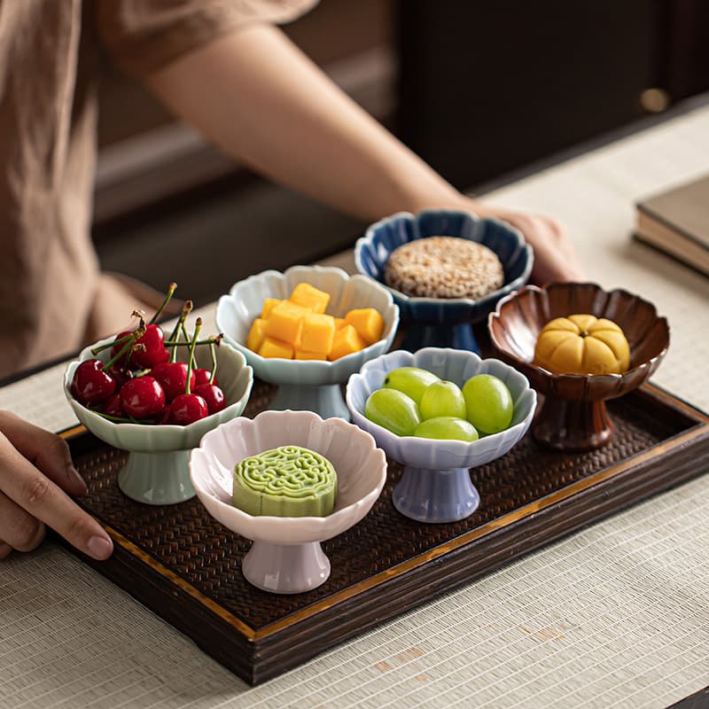 Small Ceramic Exquisite High-Foot Dessert Plate Chinese Style High-Stem Tea Snack Plate Vintage Zen Style Dried Fruit Home Fruit Plate