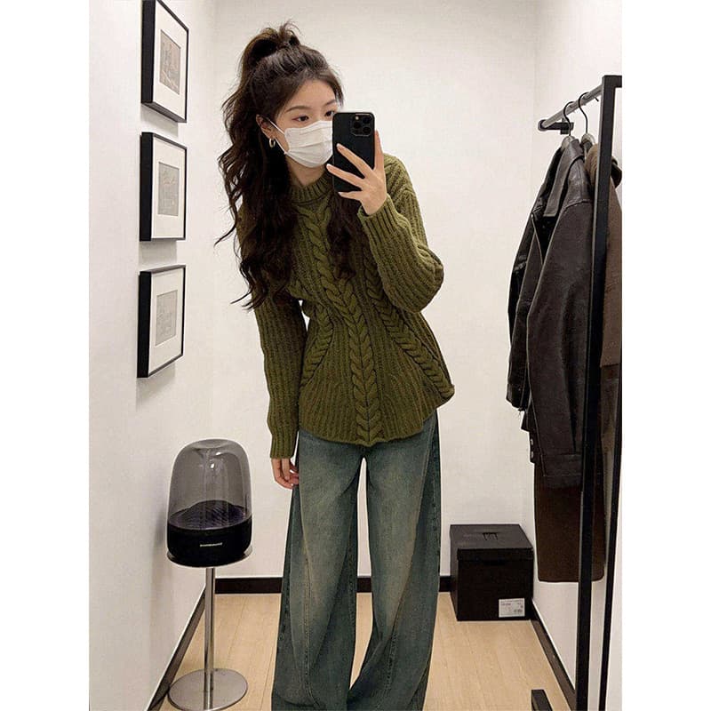 2026 long-sleeved hemp pattern spring women's fashion versatile trendy slim-fitting braided design waist-cinching knitted top