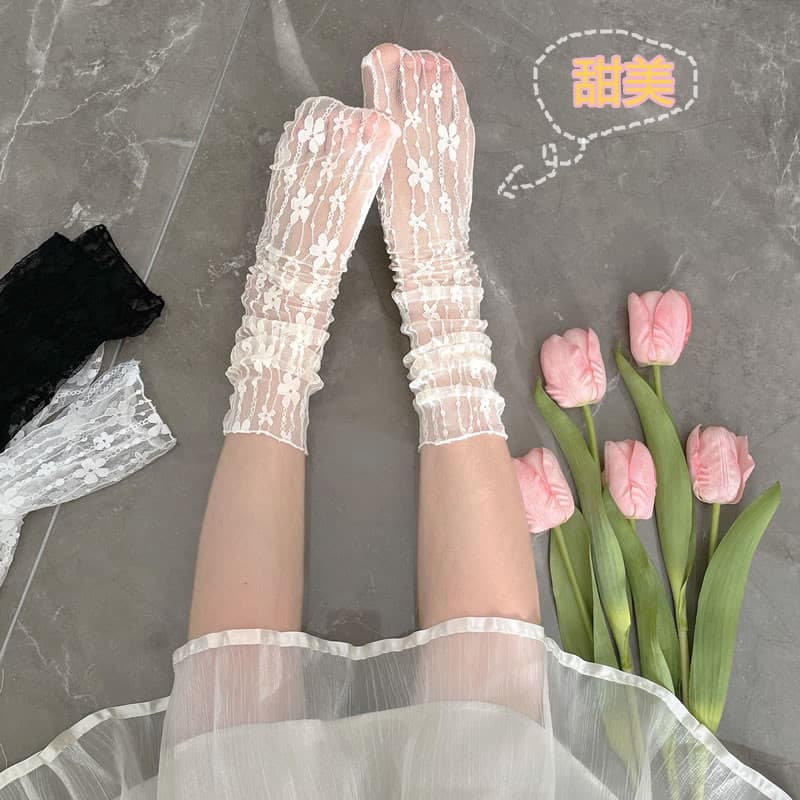 White Lace Slouch Socks Women's Mid-Calf Socks Summer Mesh Thin Japanese JK Flower Mary Jane Fairy Socks