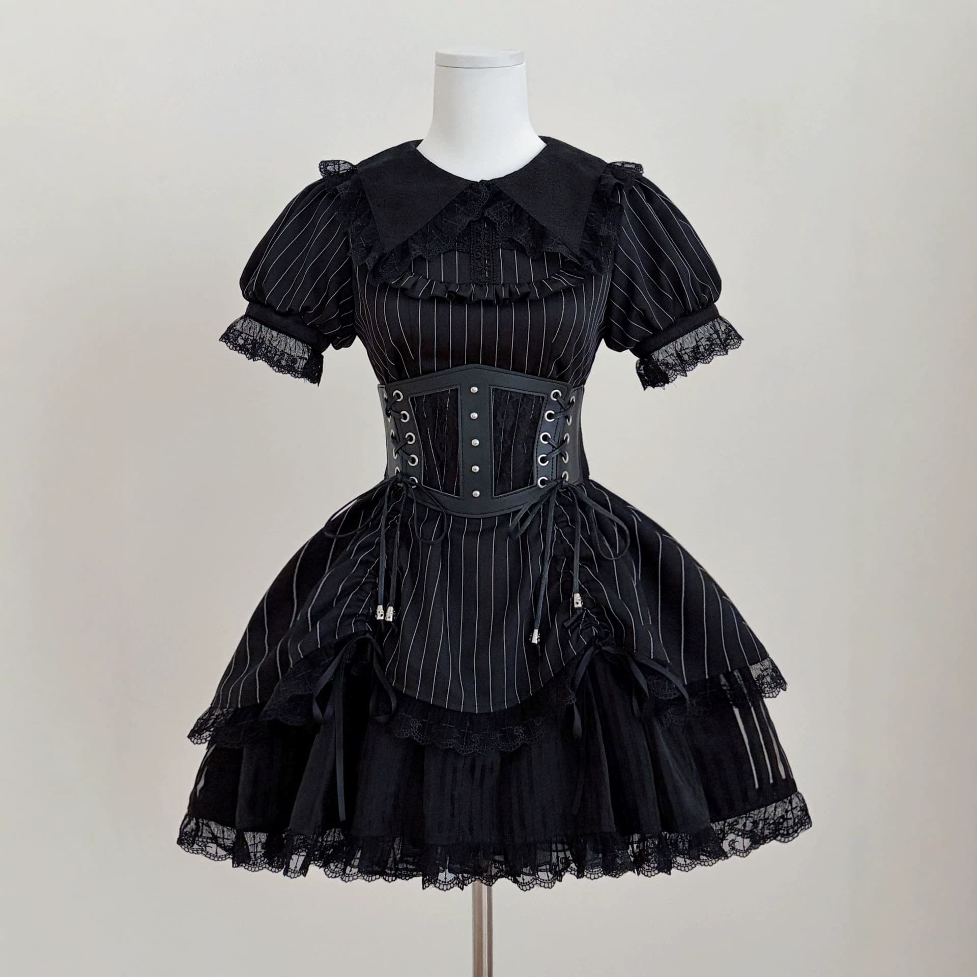 Dark Gothic Lolita Dress Black and White Striped Waist Lace Dress Punk Lolita Puff Skirt