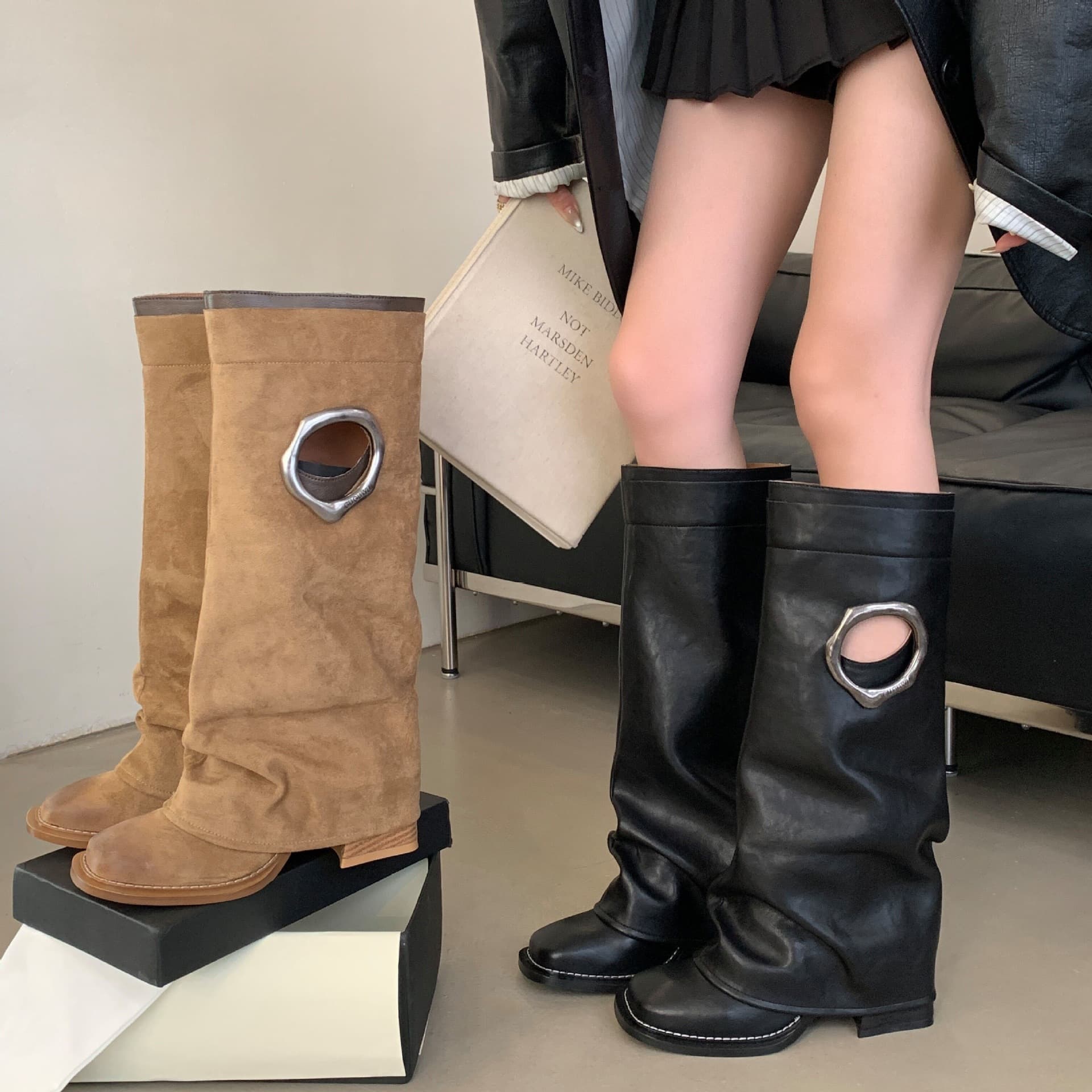[Excluding Tax] 2026 New Autumn/Winter Vintage Khaki High Heel Trousers Boots Chunky Heel High Tube Long Boots for Women
