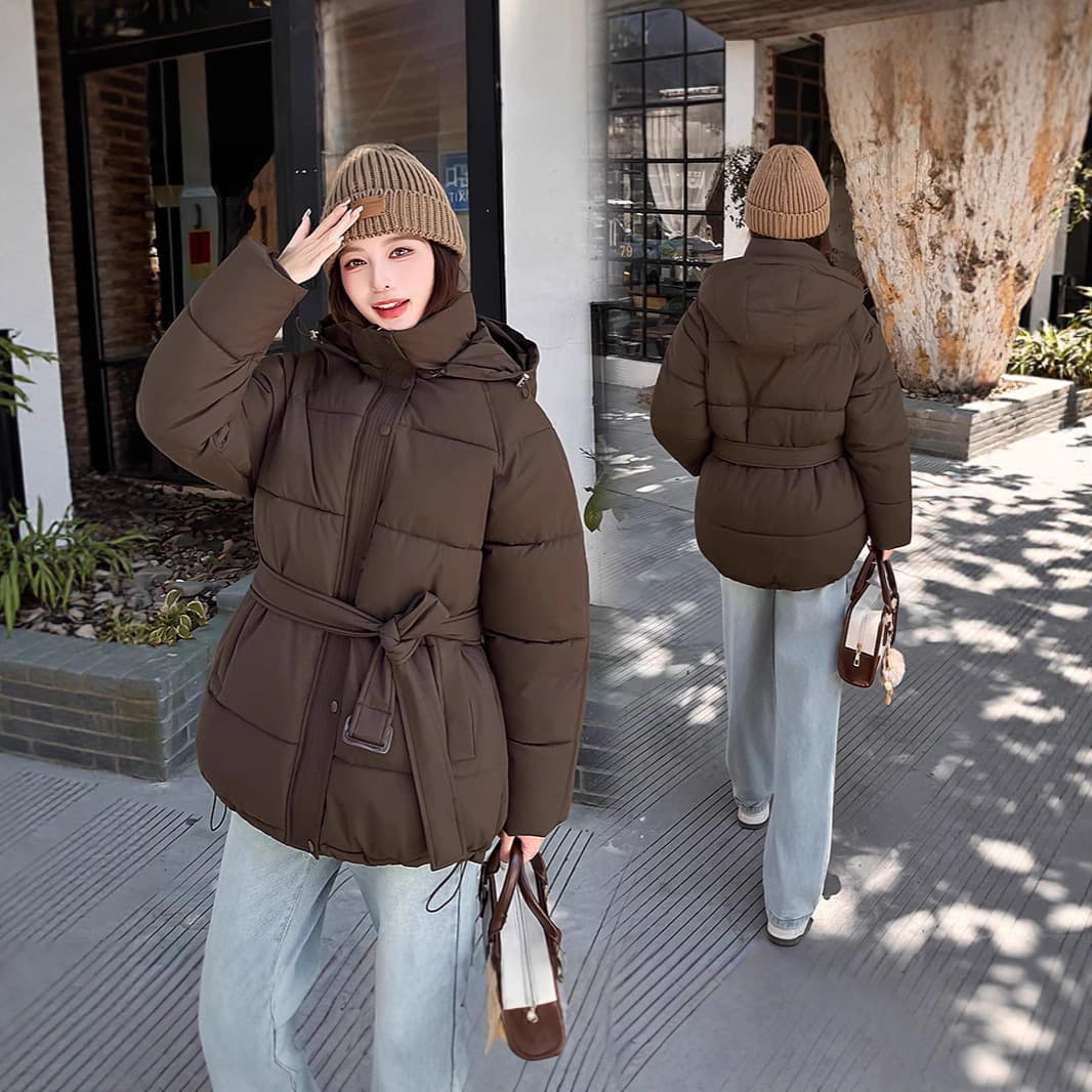 Detachable Hood Cotton Coat for Women, Mid-Length Winter New Arrival, Waist-Tightening Slim Fit with Belt, Petite Cotton Padded Jacket Outerwear Down Alternative