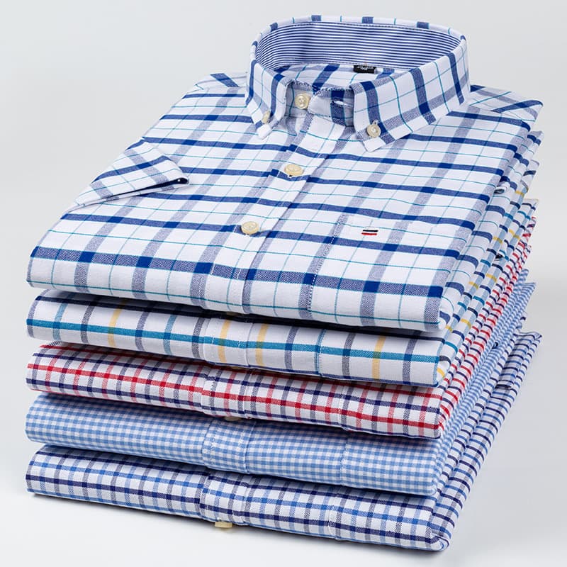 Summer Short Sleeve Oxford Plaid Shirt Men Casual Fashion Shirt New Cotton Men's Top Business Shirt