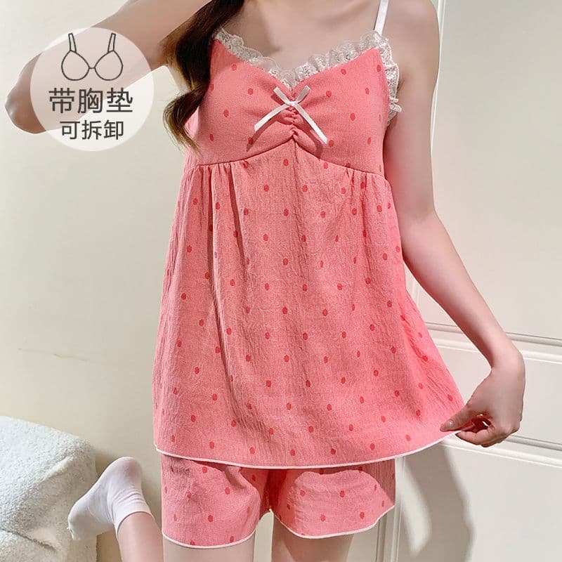 Sweet Polka Dot Camisole Cloud Cotton Sleepwear Set Summer Women's Sexy Lace Trim with Removable Pads Loungewear