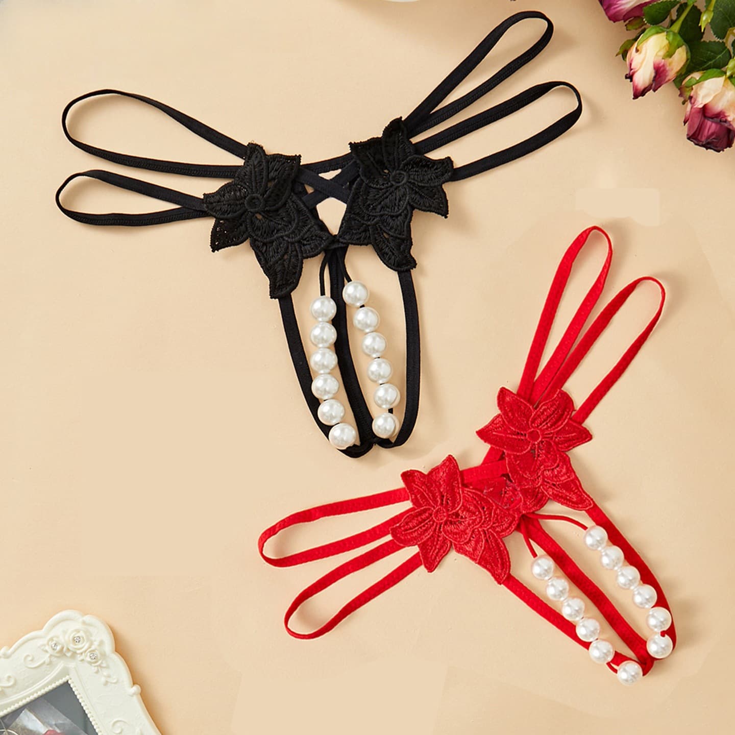 Double Row Pearl Thong Women Sexy T-Back Large Size One String Pearl T-Pants Low Waist Bikini Three-Point Underwear