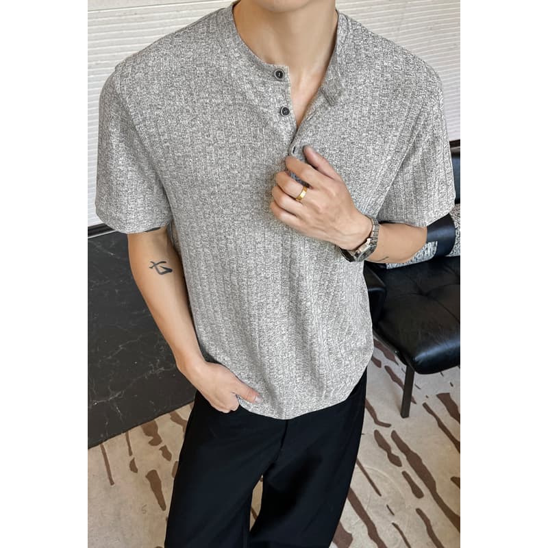 Henry collar short-sleeved T-shirt men's summer trendy brand handsome textured loose half-sleeved top old money style men's clothing