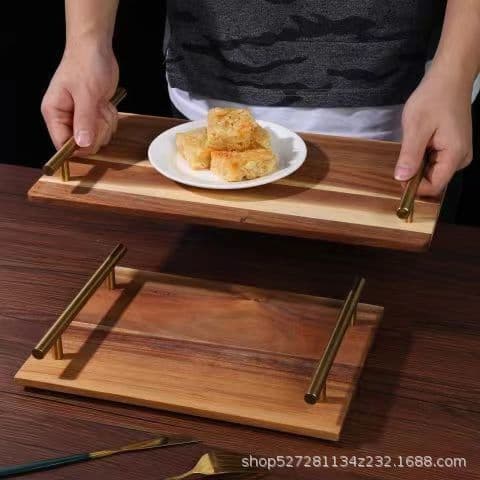 Solid wood tray tea tray household wooden tray with handle household rectangular tray order solid wood tray